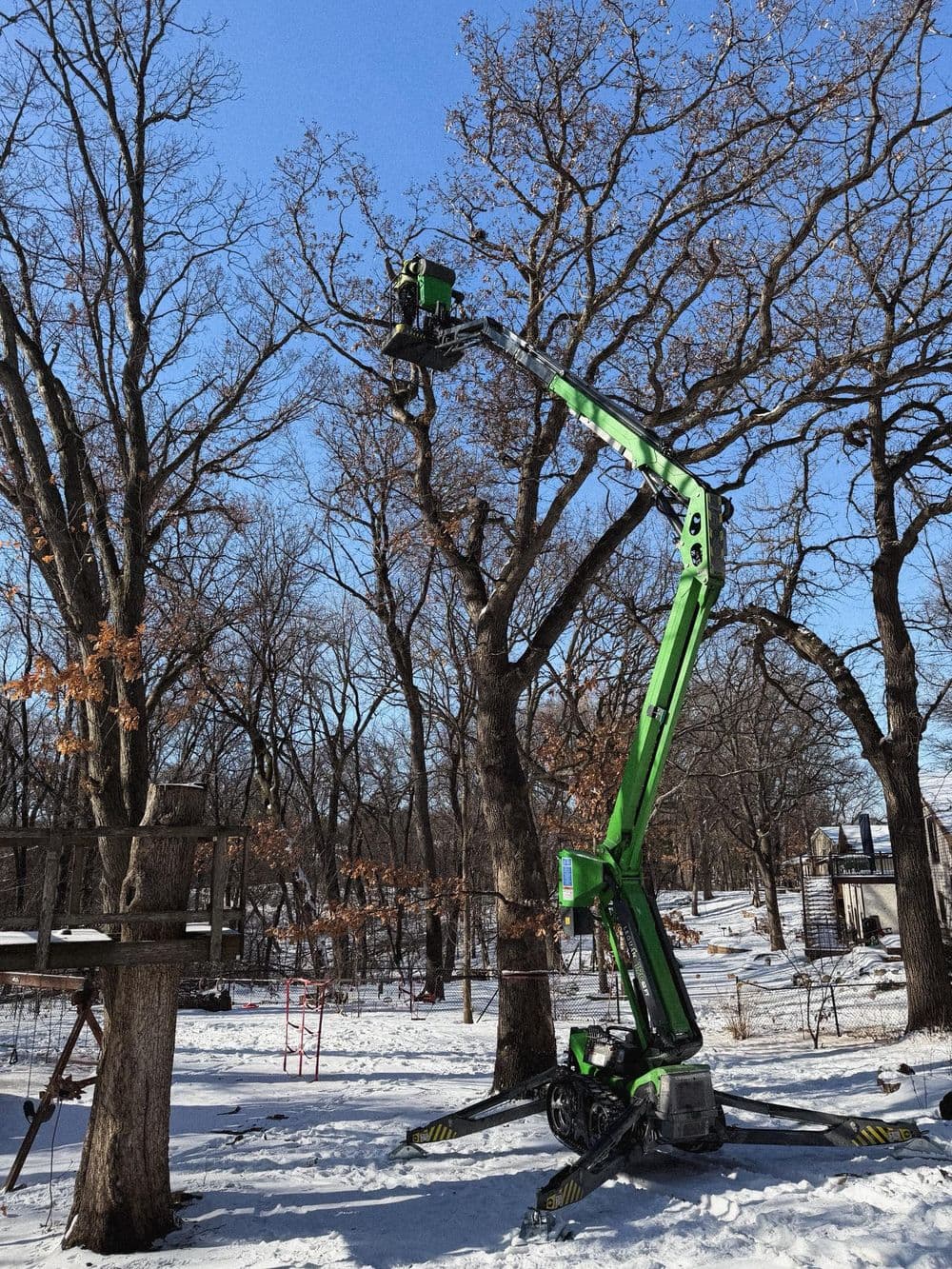 Green cherry-picker lift in snowy landscape, reaching up to trim trees against a clear blue sky.