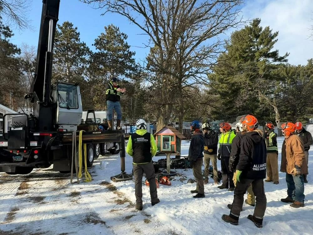 Tree care training session with workers in safety gear near a truck in a snowy landscape.